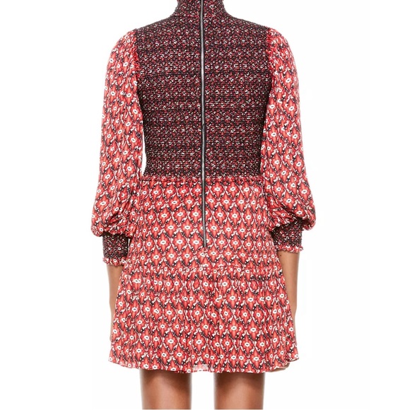 Alice + Olivia Elvira Tiered Long Sleeve Smocked Mini Dress in Red/Black Size 4 - Picture 3 of 16